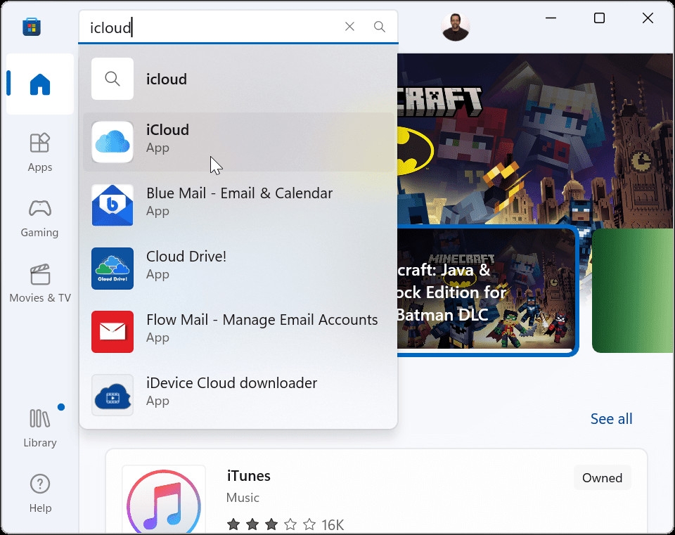 Tìm kiếm "iCloud" trên Microsoft Store.