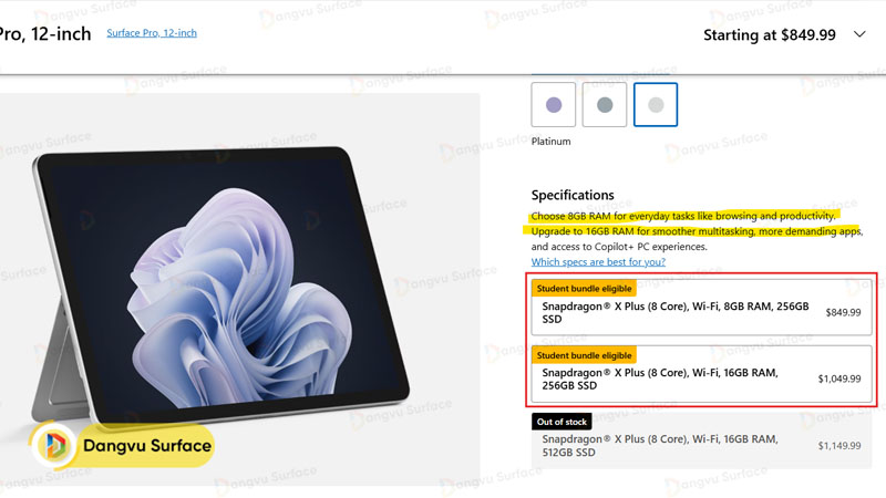Giá bán của Surface Pro 12 inch RAM 8 Gb