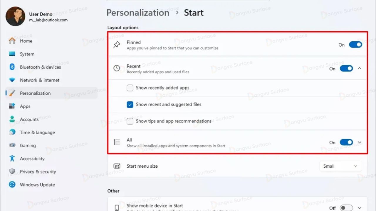 Start Menu được thiết kế lại