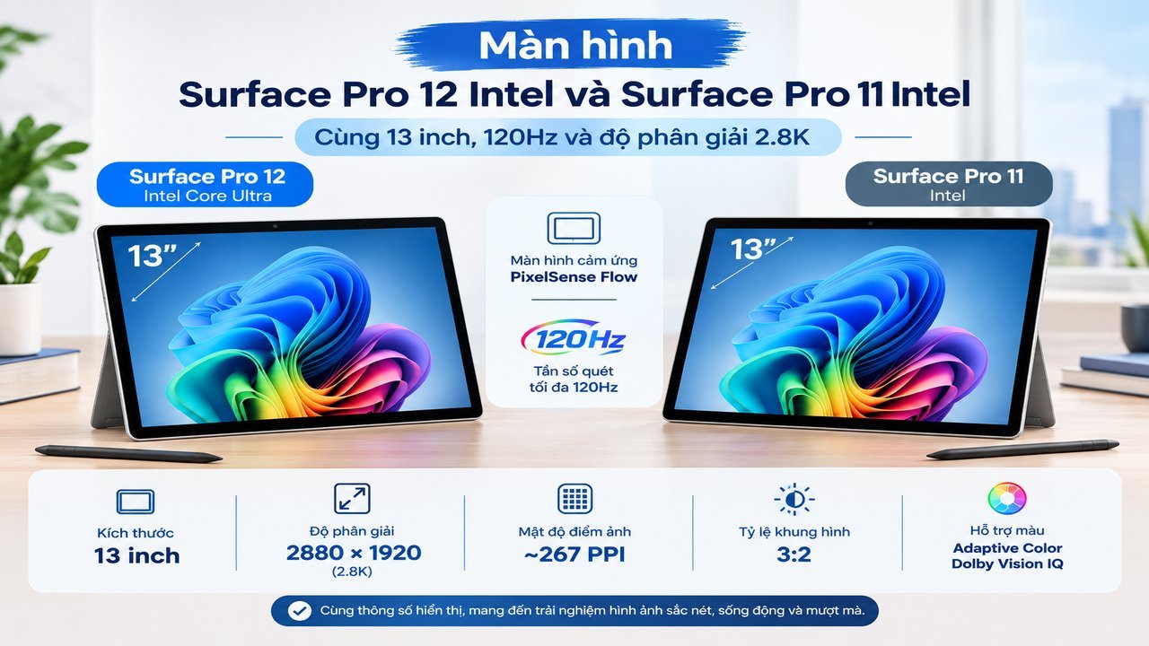 Surface Pro 12 Intel và Surface Pro 11 Intel gần như không có khác biệt về thông số cơ bản